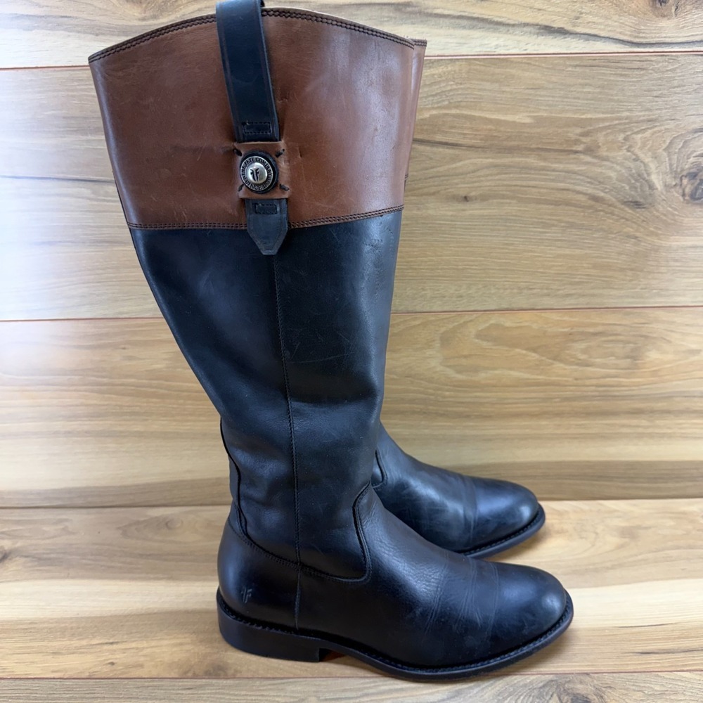 Frye Jayden Button Tall Boots 8 B Black Brown Knee High Boho Festival Zip Riding